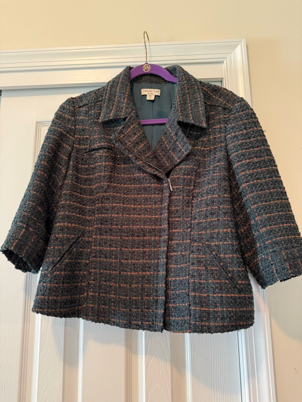Coldwater Creek Tweed Short Jacket in Evergreen with Rust Stripes 14P